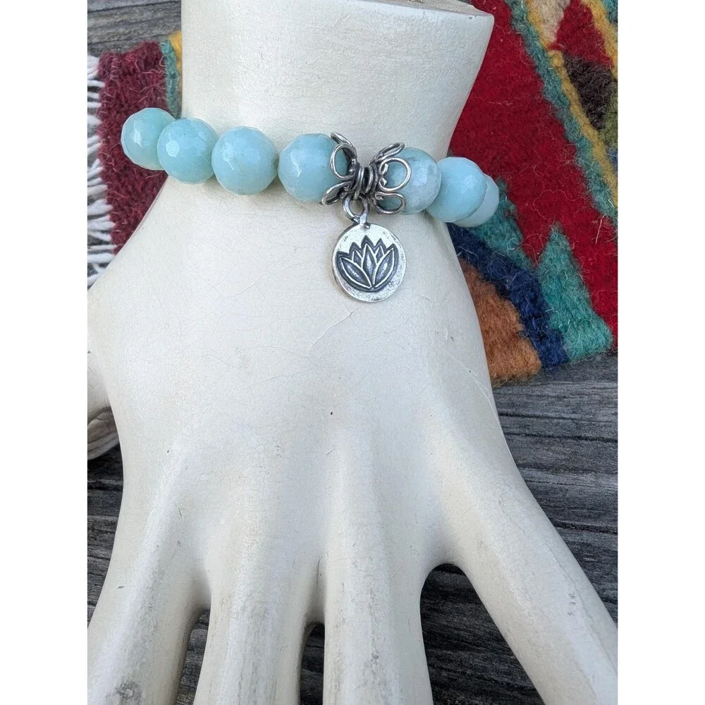 Vintage Sterling Amazonite Bead Bracelet, Lotus Zen Bracelet - Picture 2 of 10